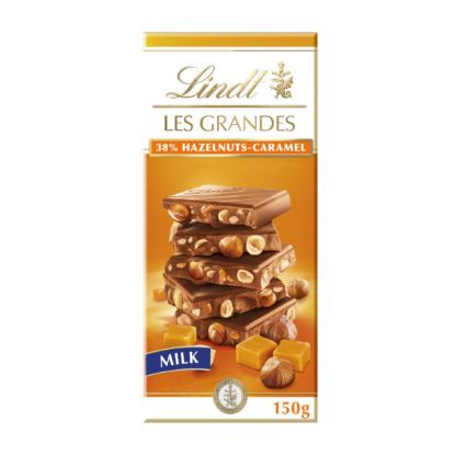 Picture of LINDT LES GRANDES 38% HAZELNUTS & CARAMEL MILK CHOCOLATE SLAB 150g 